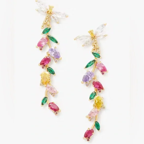 Kate Spade Greenhouse Floral Linear Earrings ~Rhinestone Dragonfly Flower Studs - Picture 5 of 7
